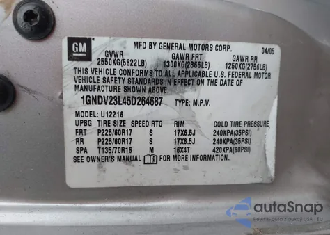 2005 Chevrolet Uplander Ls from USA, damaged, VIN 1GNDV23L45D264687